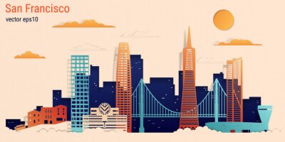 Sticker San Francisco city colorful paper cut style, vector stock illustration. Cityscape with all famous buildings. Skyline San Francisco city composition for design.