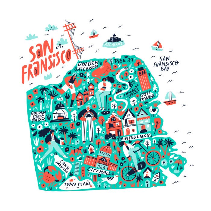 Sticker San Francisco creative travel map flat hand drawn illustration. American state tourist landmarks and famous places names lettering and doodle drawings. USA tourism poster cartoon concept