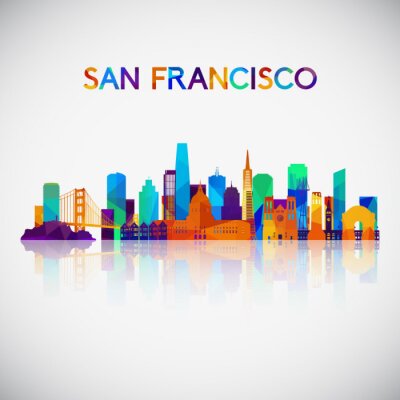 Sticker San Francisco skyline silhouette in colorful geometric style. Symbol for your design. Vector illustration.