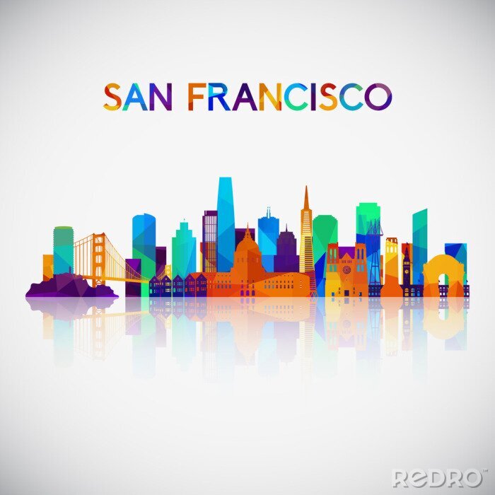 Sticker San Francisco skyline silhouette in colorful geometric style. Symbol for your design. Vector illustration.