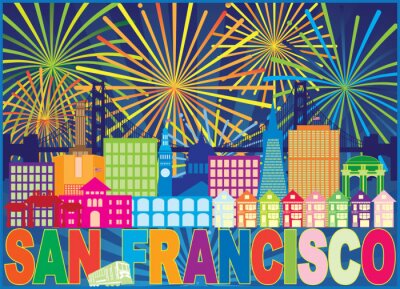 Sticker San Francisco Skyline Trolley Fireworks Color vector Illustration