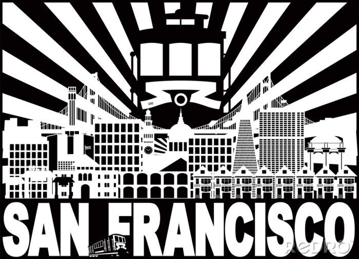 Sticker San Francisco Skyline Trolley und Sonnenstrahlen mit Textvektorillustration