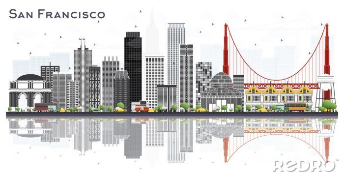 Sticker San Francisco USA City Skyline with Gray Buildings Isolated on White.
