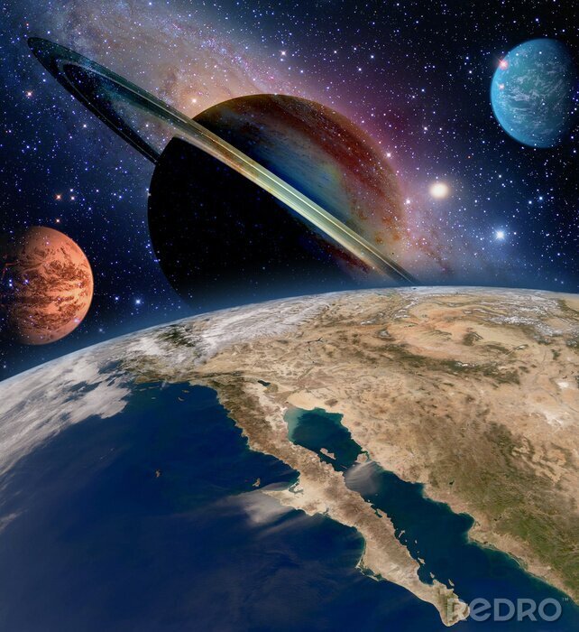 Sticker Saturn und Erde im Sonnensystem
