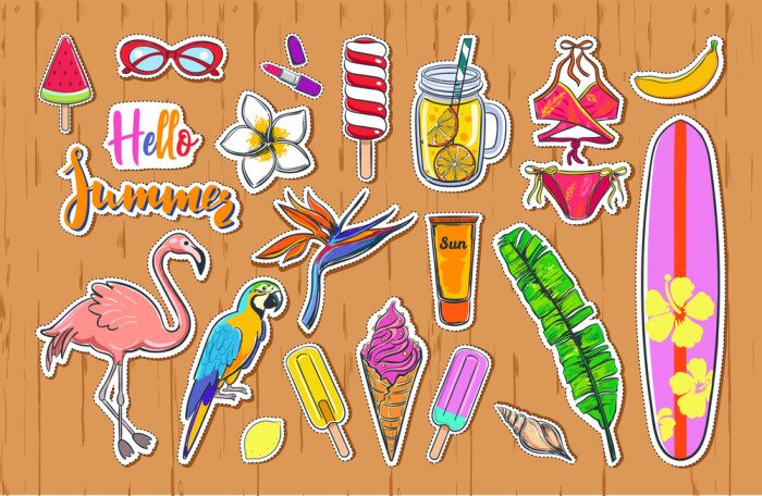 Sticker Satz Mode Sommeraufkleberausweis-Ikonenflecken. Hand gezeichnete Kalligraphie.