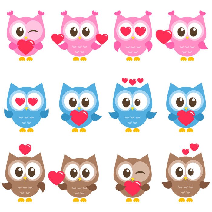 Sticker Satz nette rosa, blaue und braune Eulen mit Herzen