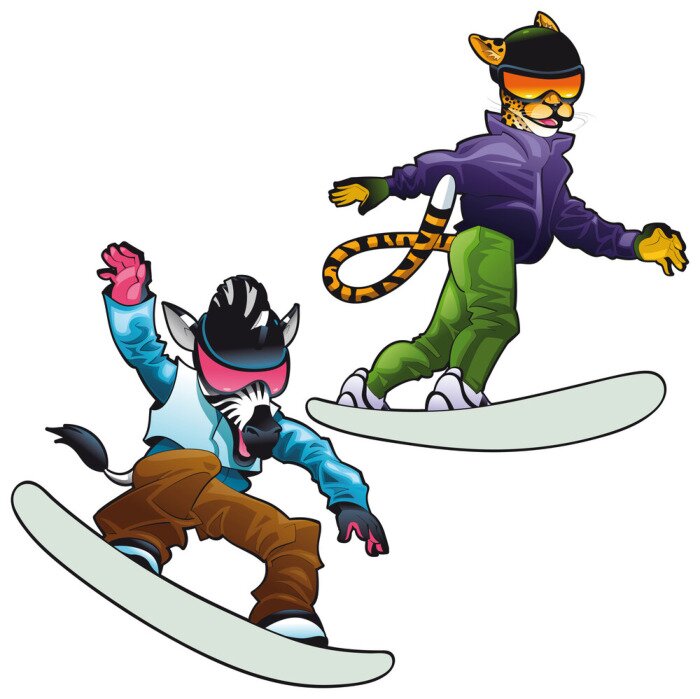Sticker Savannah Tiere auf dem Snowboard. Vektor isoliert Zeichen.
