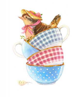 Sticker Schäbige Illustration mit einem Vogel in einem Hut