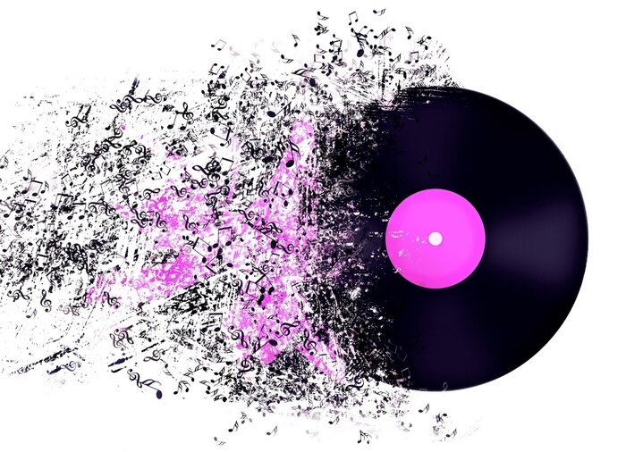 Sticker Schallplatte, die sich in Noten zerstreut