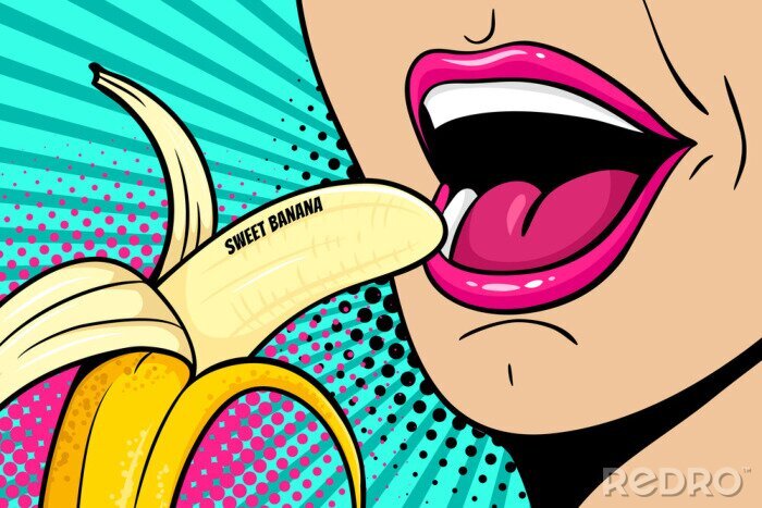 Sticker Schließen Sie oben vom sexy offenen weiblichen Mund, der Banane mit süßer Bananenbeschriftung isst. Vector bunten Hintergrund in der komischen Retro- Pop-Arten-Art.