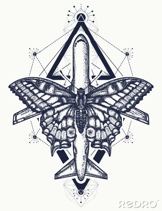 Sticker Schmetterling und Flugzeug Tattoo, Symbol für Tourismus, Reisen, Traum, Urlaub, Freiheit, Flug, Abenteuer, Motivationen, Lebensstil. Schöner Schmetterling und Start-Flugzeug T-Shirt Design