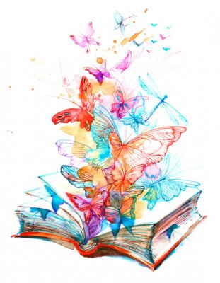 Sticker Schmetterlinge, die aus einem offenen Buch fliegen