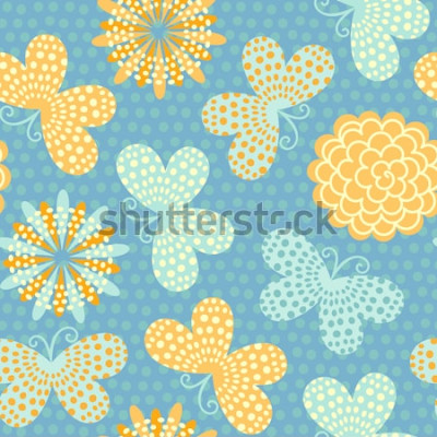 Sticker Schmetterlinge und Blumen auf blauem Hintergrund
