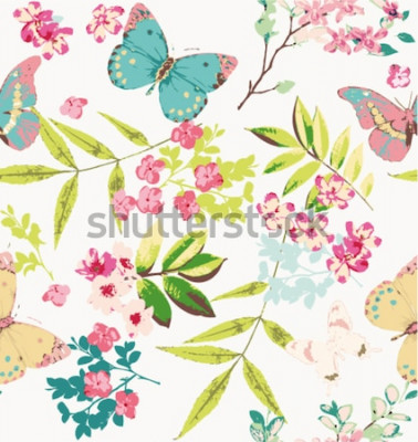Sticker Schmetterlinge und Blumen auf einer romantischen Illustration