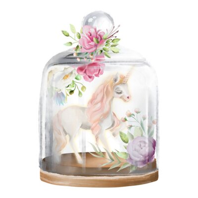Schön, Einhorn, magisches Pferd und Blumen in einem Glasmaurerglas. Fantasieaquarellillustration lokalisiert auf Weiß