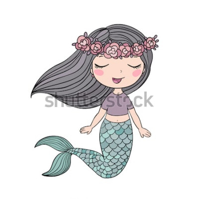 Sticker Schöne kleine Meerjungfrau der Karikatur in einem Kranz. Sirene. Seethema. Vektor-Illustration auf weißem Hintergrund.