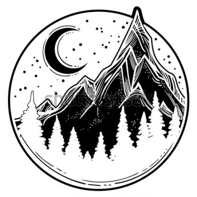Sticker Schöne Vektorillustration mit Naturlandschaft - Berge, Kiefernwald, Sterne, Mond. Tätowierungskunst. Unendlicher Raum, Meditationssymbole, Reisen, Tourismus.