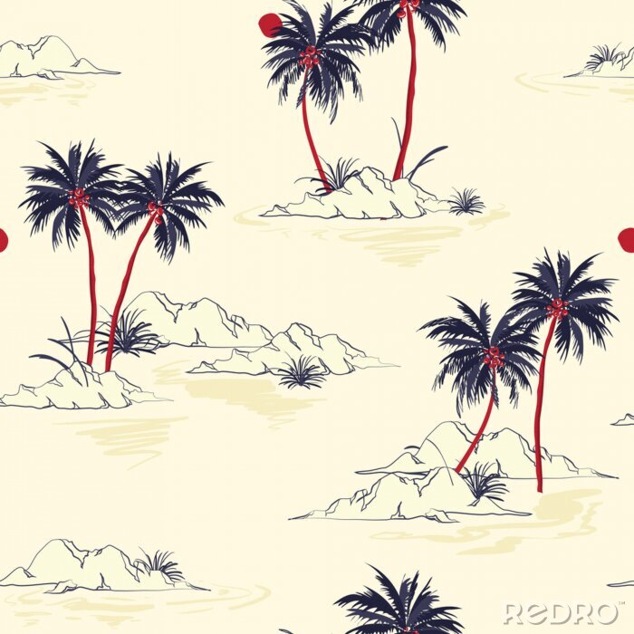 Sticker Schöner nahtloser Inselmusterhintergrund. Landschaft mit Palmen, Strand und Ozeanvektor Hand gezeichneten Stil. Auf hellrosa Hintergrund