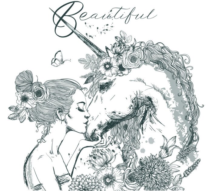 Sticker schönes Einhorn mit junger Frau