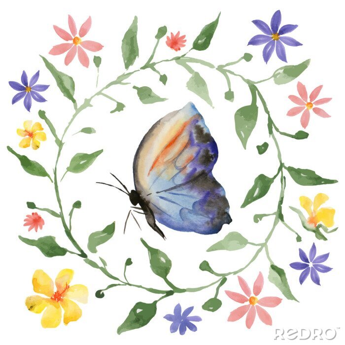 Sticker Schönes Muster mit Schmetterling und Blumen