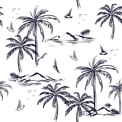 Schönes nahtloses Inselmuster auf weißem Hintergrund. Landschaft mit Palmen, Strand und Ozeanvektor handgezeichneten Stil