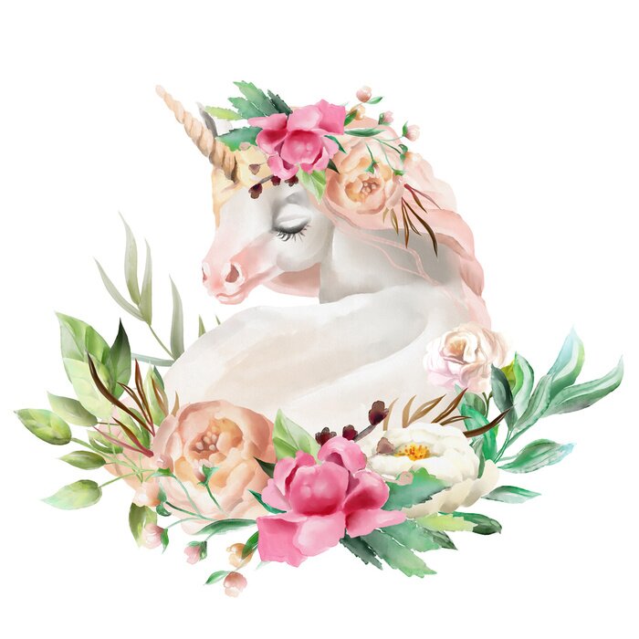 Sticker Schönes, nettes, träumendes Einhorn des Aquarells mit den Blumen, Blumenstrauß lokalisiert auf Weiß