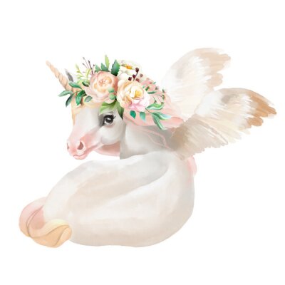 Sticker Schönes, nettes, träumendes Einhorn des Aquarells, Pegasus mit Flügeln und Blumen, Blumenkrone, Blumenstrauß lokalisiert auf Weiß
