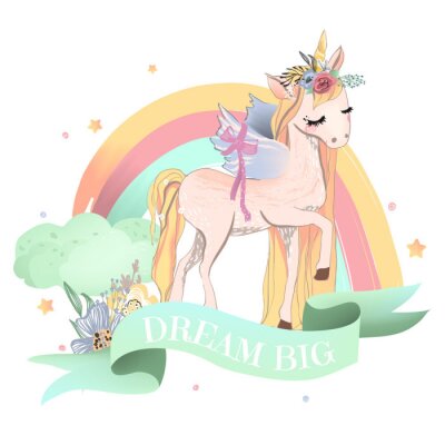 Sticker Schönes, träumendes Einhorn mit Blumenkranz (Blumenblumenstrauß) und Flügeln. Regenbogen, bunte Wolken, Blumen und Sterne. Mint farbiges Band mit Zitat