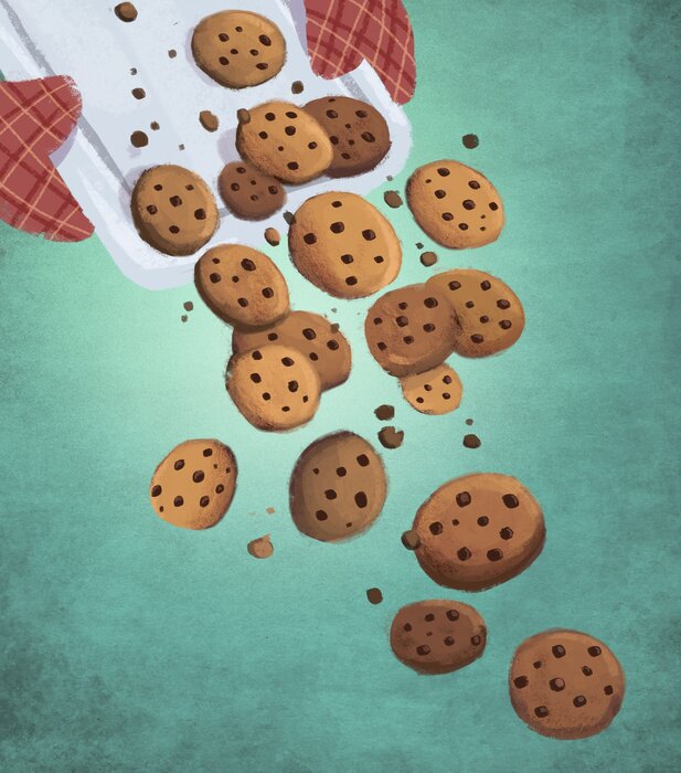 Sticker Schokoladenkekse von einem Tablett fallend