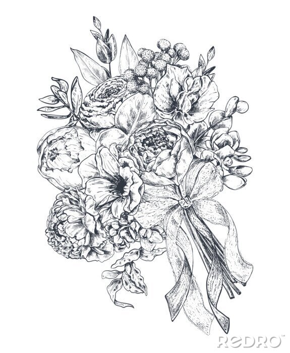 Sticker Schwarz-weiß Blumen in einem Strauß