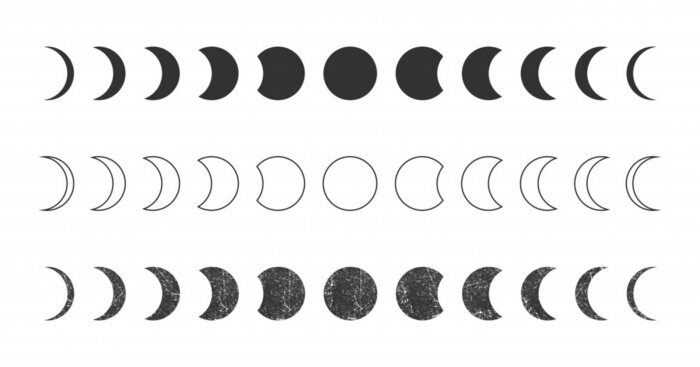 Sticker Schwarz-Weiß-Grafiken, die die Mondphasen darstellen