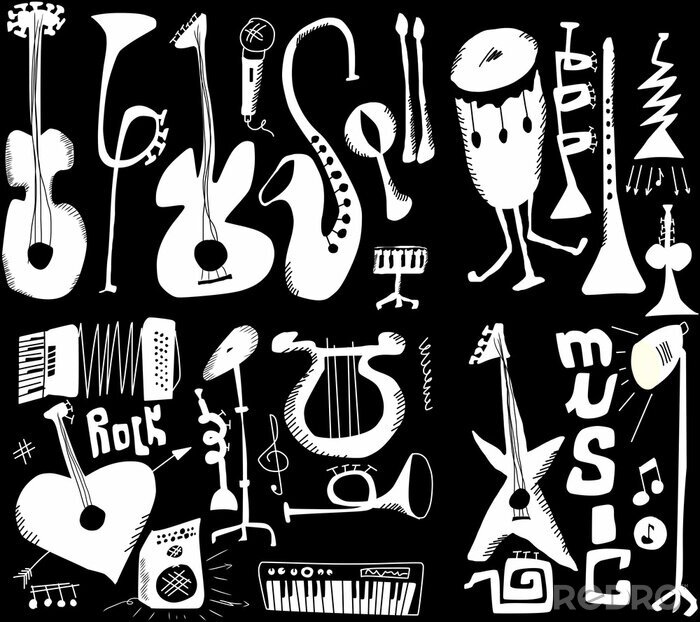 Sticker Schwarz-Weiß-Illustration mit Instrumenten