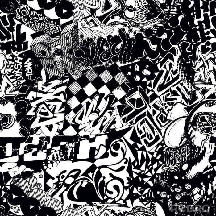 Sticker Schwarz-Weiß-nahtlose Muster Graffiti, Aufkleber Bombardierung