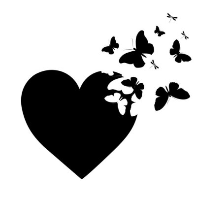 Schwarz-Weiß-Zeichnung eines Herzens mit Schmetterlingen