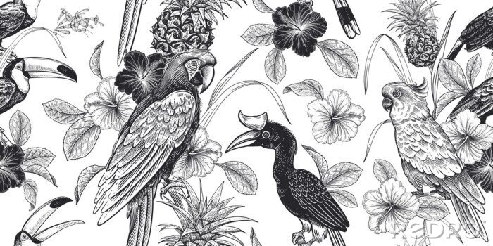 Sticker Schwarz-weiße Blumen und exotische Vögel