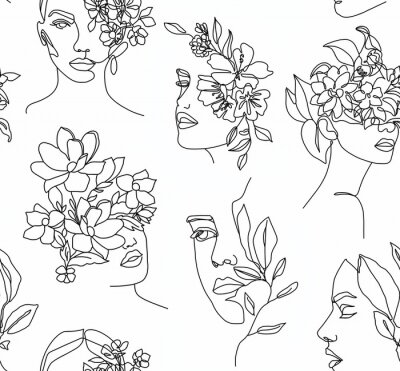 Sticker Schwarz-weiße weibliche Gesichter mit Blumen