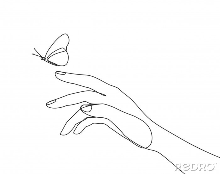 Sticker Schwarz-weiße Zeichnung einem Schmetterling reichende Hand
