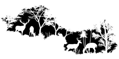 Sticker Schwarz-weiße Zeichnung Tiere auf Waldhintergrund