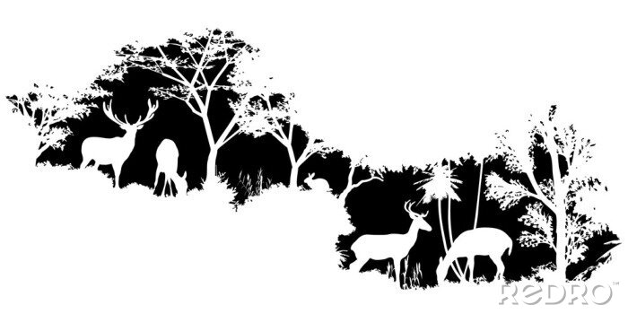 Sticker Schwarz-weiße Zeichnung Tiere auf Waldhintergrund