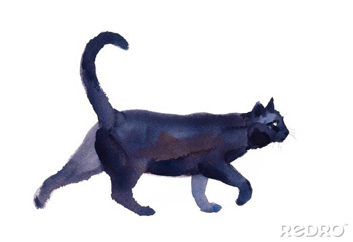 Sticker Schwarze Katze Gehen Aquarell Hand gezeichnet Haustier Porträt Tier Illustration