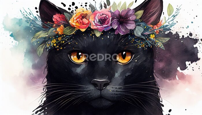 Sticker Schwarze Katze in einem Blumenkranz