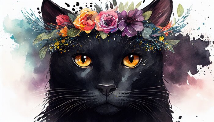 Sticker Schwarze Katze in einem Blumenkranz