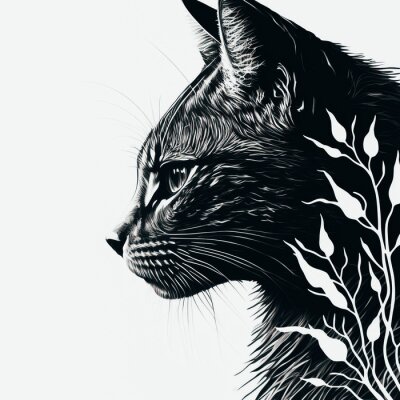 Sticker Schwarze Katze und Pflanzenmotten