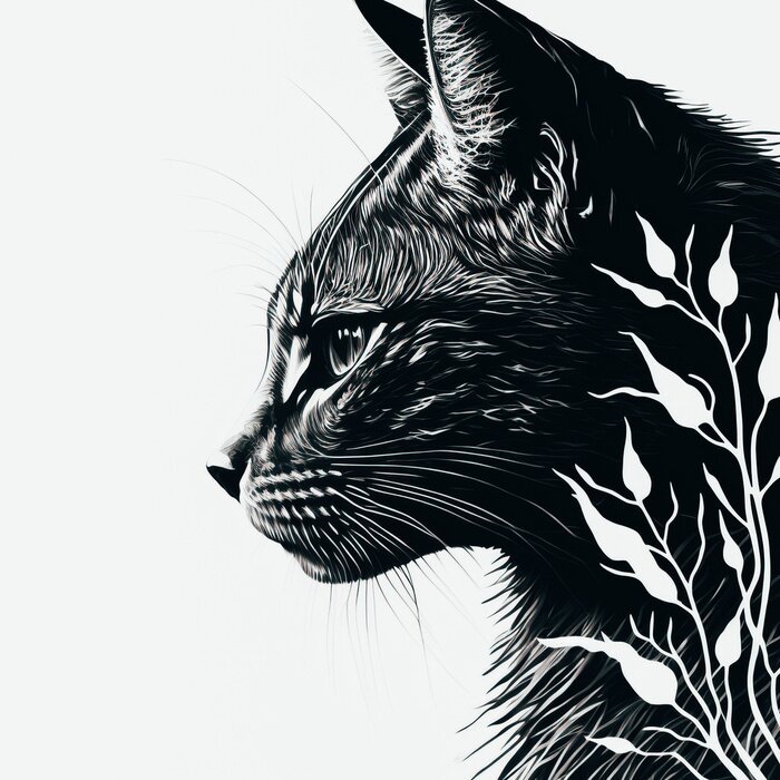 Sticker Schwarze Katze und Pflanzenmotten