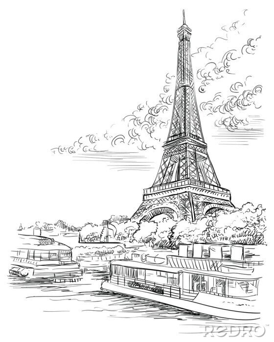 Sticker Schwarze Skizze des Eiffelturms in Paris