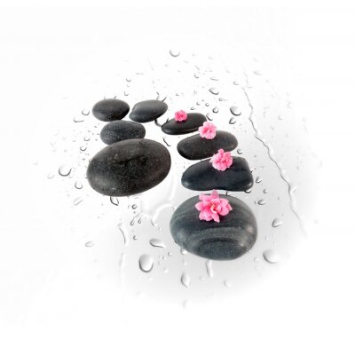 Sticker Schwarze Spa-Steine und rosa Blumen auf Wassertropfen
