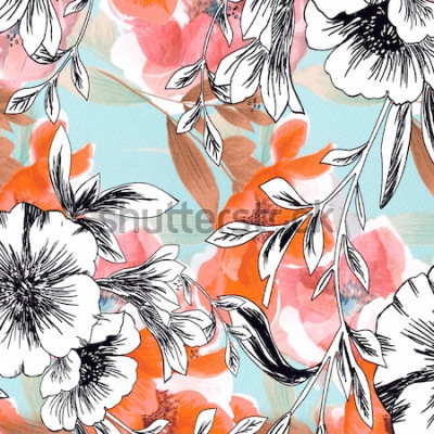 Sticker Schwarze und weiße Blumen auf einem bunten Hintergrund