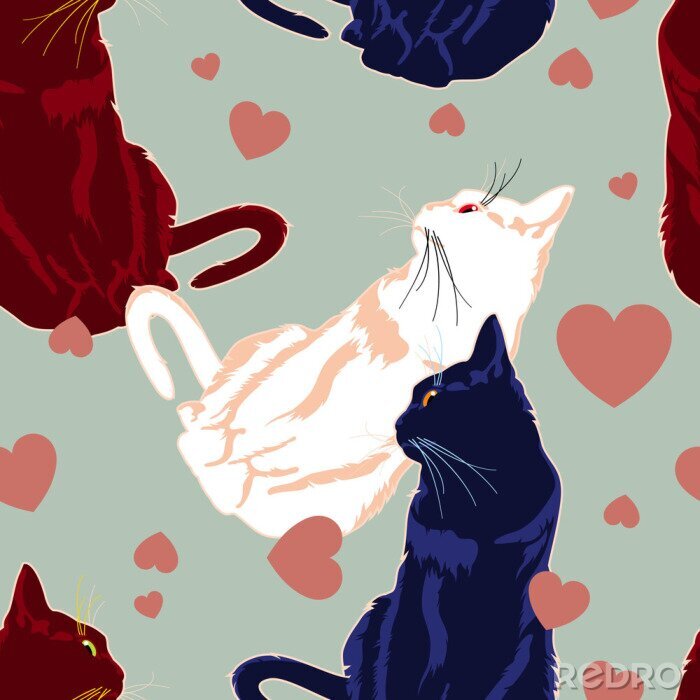 Sticker Schwarze, weiße und rote Katzen inmitten von Herzen