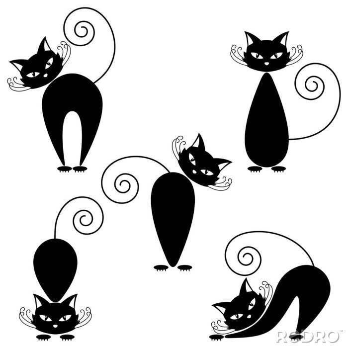 Sticker Schwarze Zeichnung Katzen mit gewelltem Schwanz