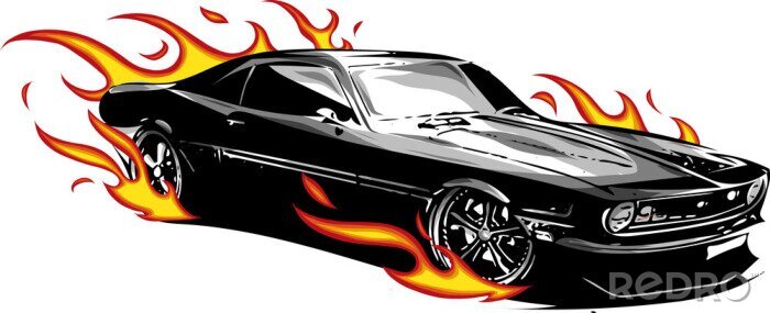 Sticker Schwarzes elegantes Auto von Flammen umgeben